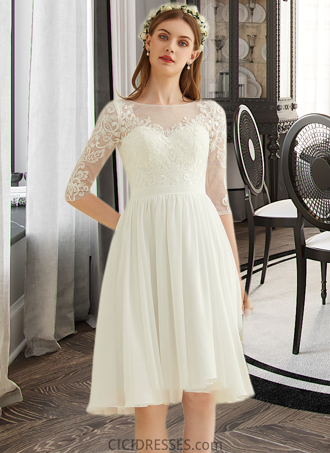 Litzy A-Line Knee-Length Chiffon Lace Wedding Dress With Sequins CIC8P0013689