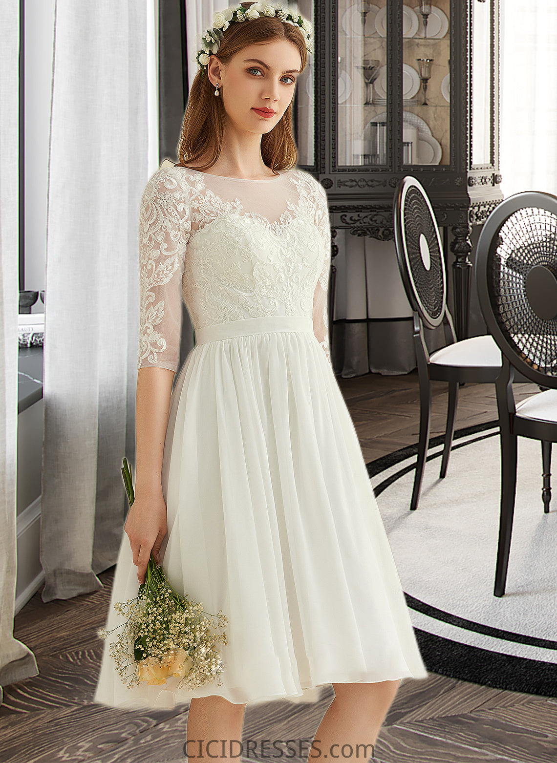 Litzy A-Line Knee-Length Chiffon Lace Wedding Dress With Sequins CIC8P0013689