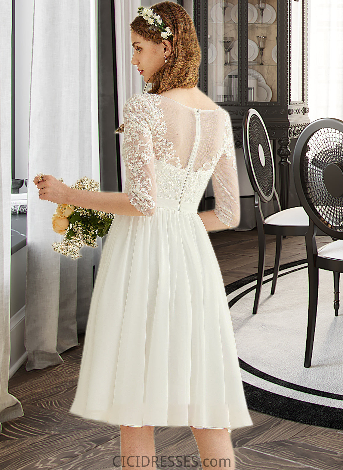 Litzy A-Line Knee-Length Chiffon Lace Wedding Dress With Sequins CIC8P0013689