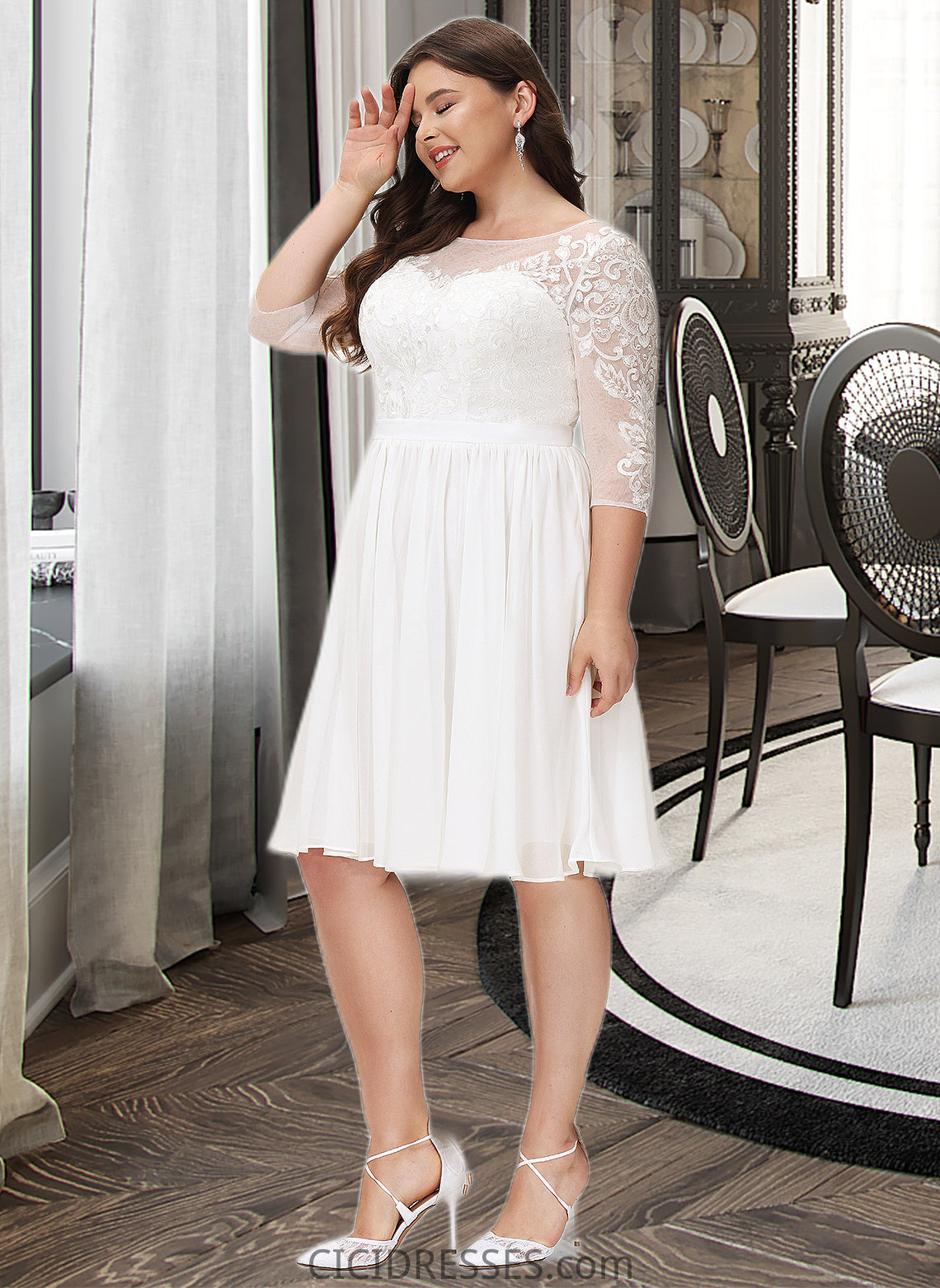 Litzy A-Line Knee-Length Chiffon Lace Wedding Dress With Sequins CIC8P0013689