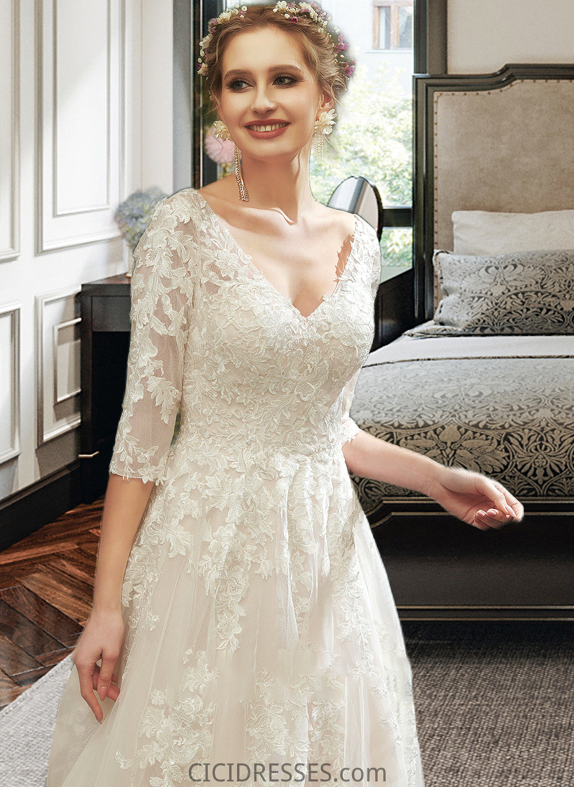 Lina A-Line V-neck Court Train Wedding Dress With Sequins CIC8P0013690