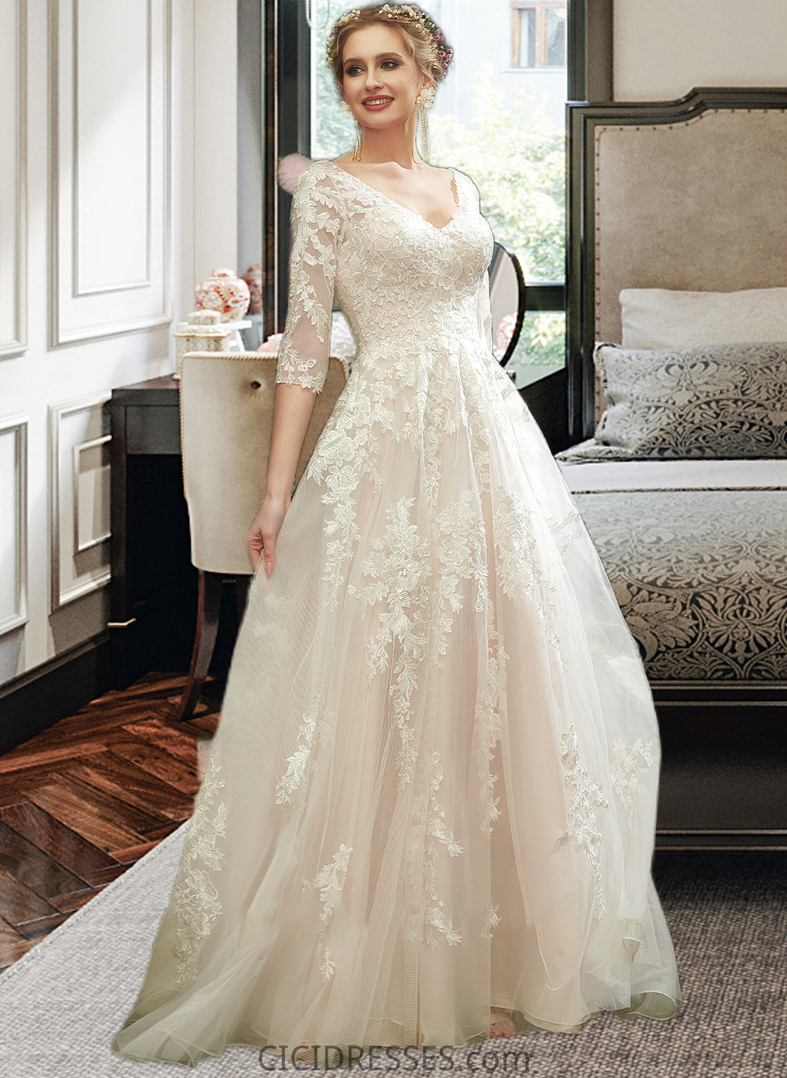 Lina A-Line V-neck Court Train Wedding Dress With Sequins CIC8P0013690