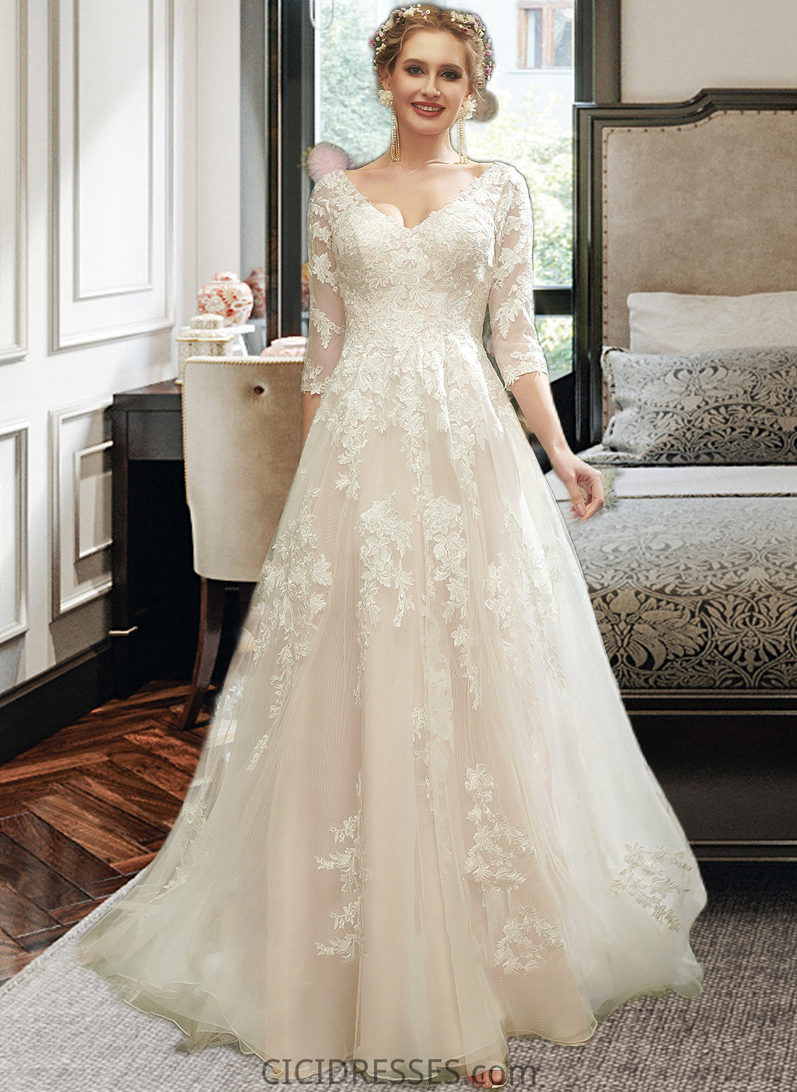 Lina A-Line V-neck Court Train Wedding Dress With Sequins CIC8P0013690