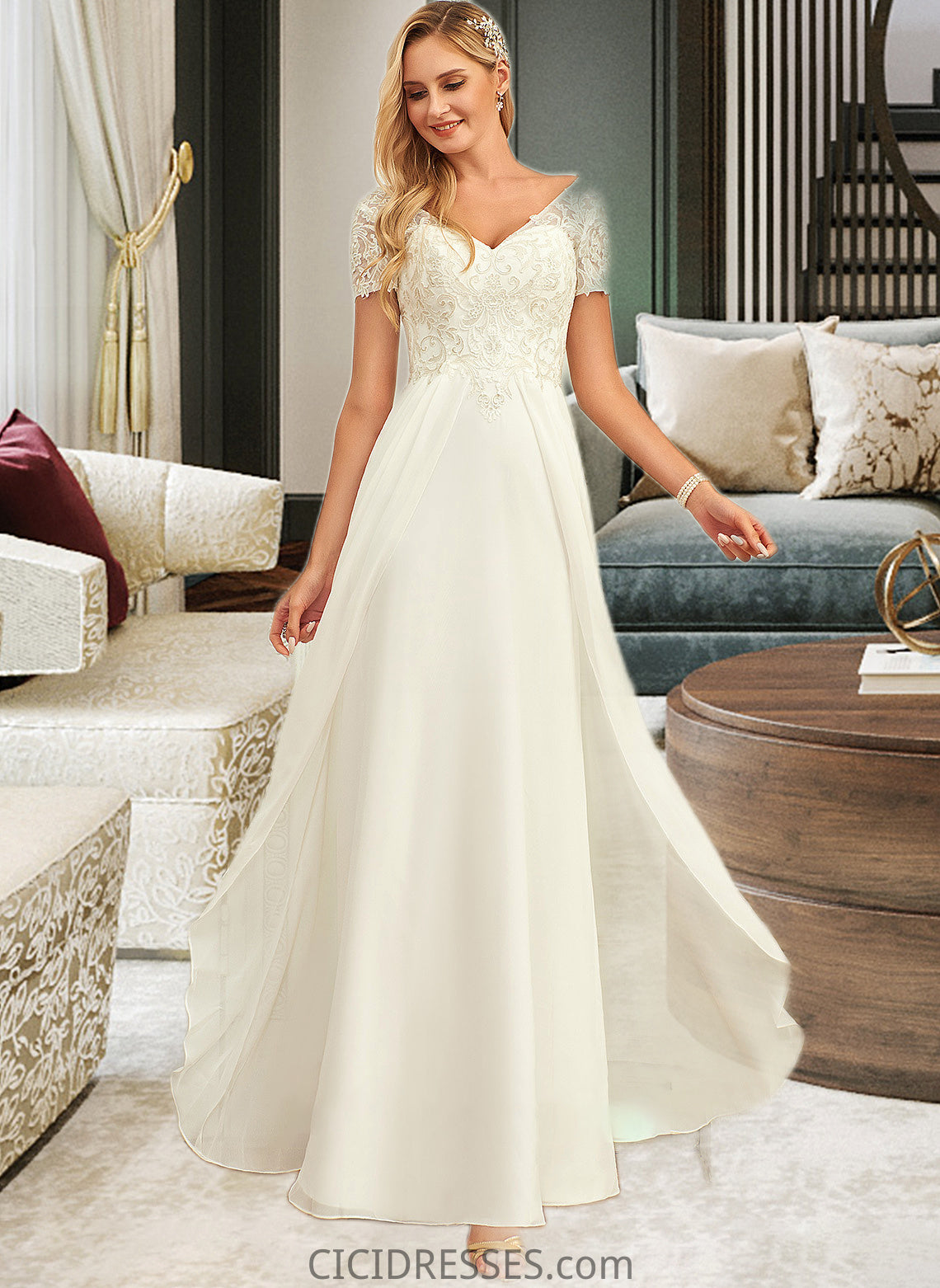 Iris A-Line V-neck Floor-Length Chiffon Lace Wedding Dress With Lace CIC8P0013691