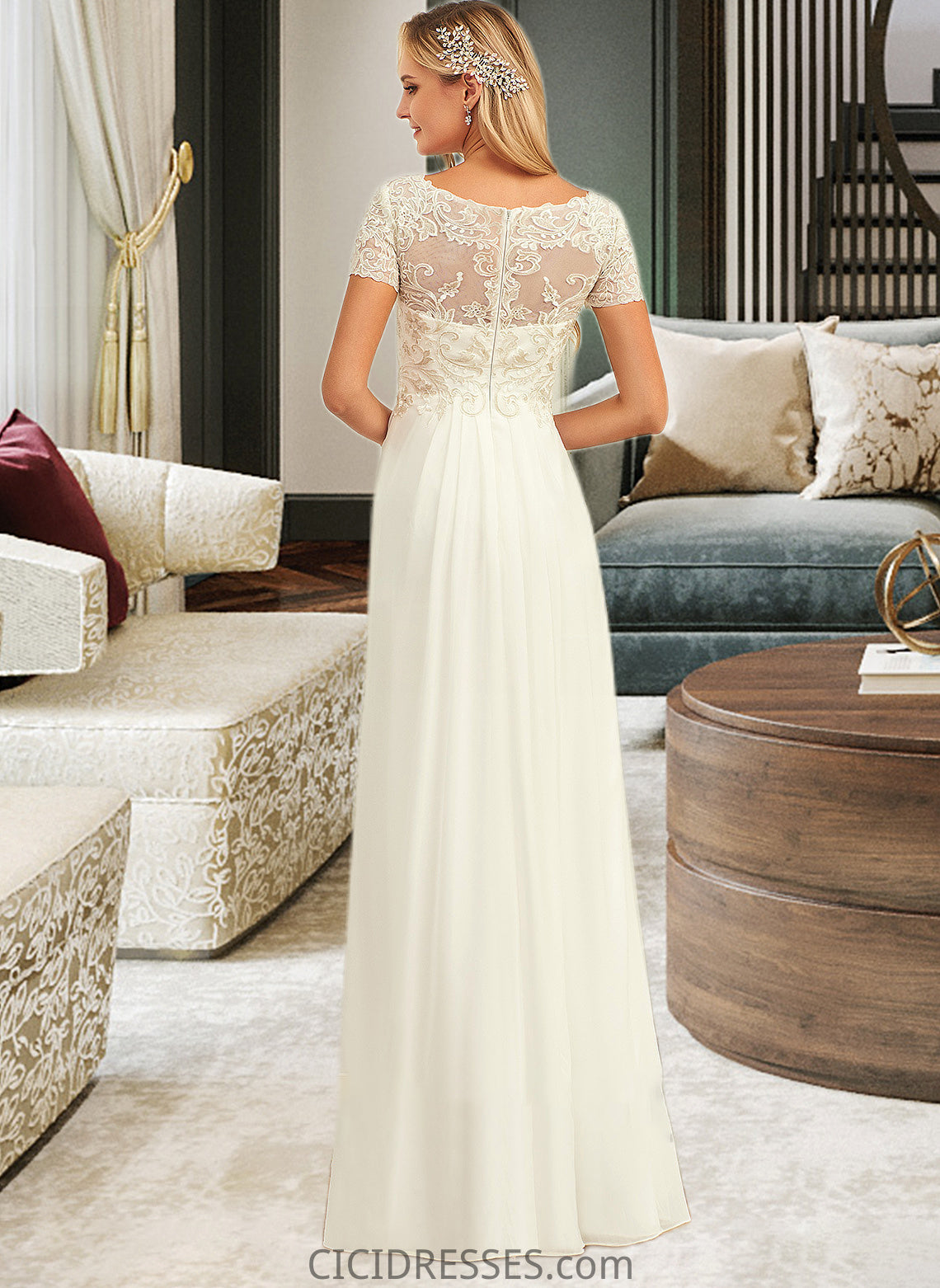 Iris A-Line V-neck Floor-Length Chiffon Lace Wedding Dress With Lace CIC8P0013691