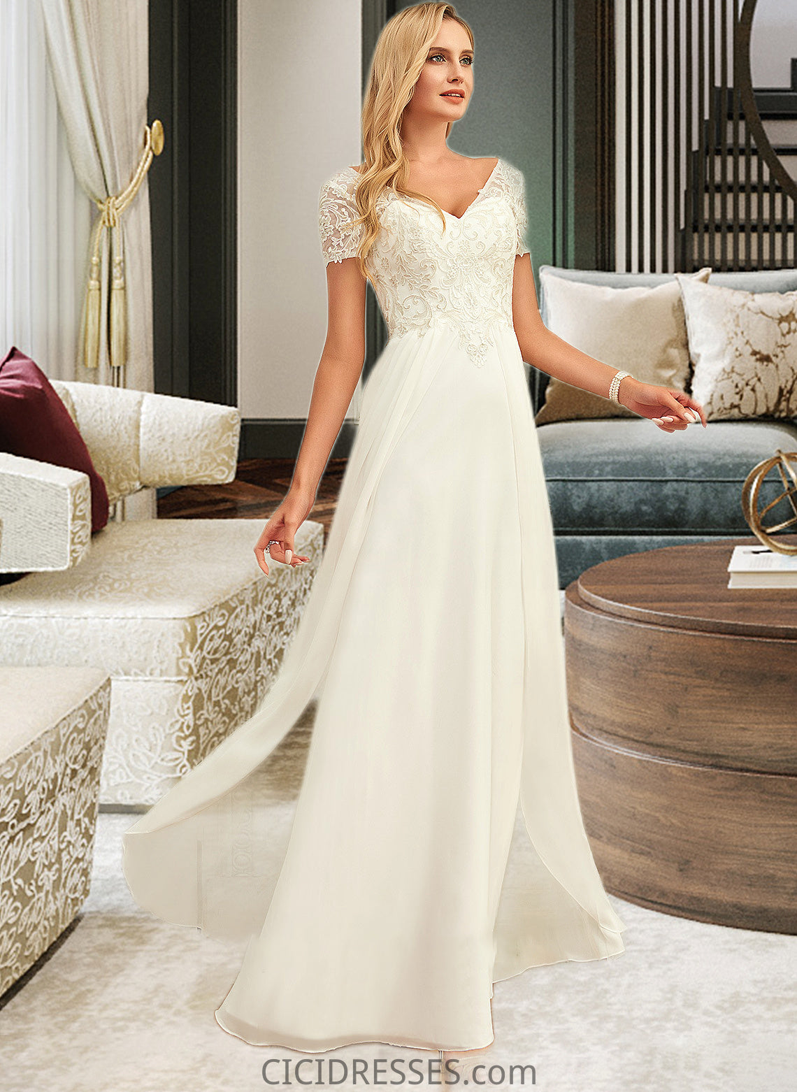 Iris A-Line V-neck Floor-Length Chiffon Lace Wedding Dress With Lace CIC8P0013691