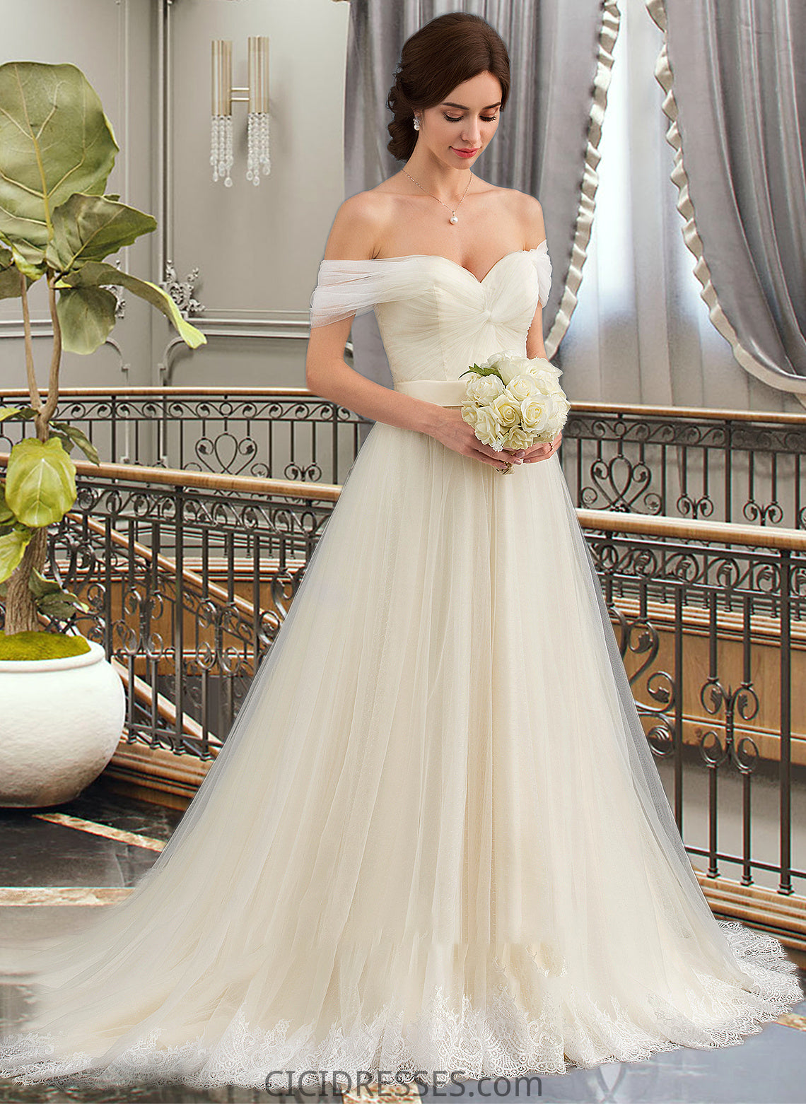 Kayden Ball-Gown/Princess Off-the-Shoulder Court Train Tulle Lace Wedding Dress With Ruffle CIC8P0013692