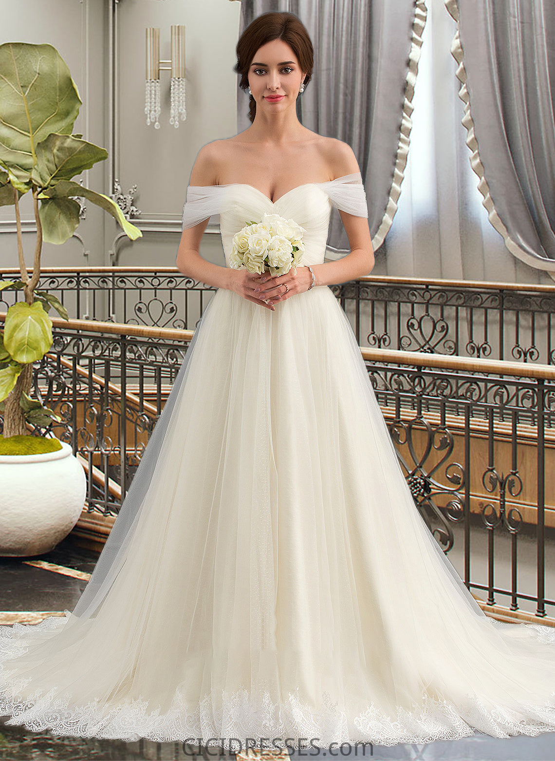 Kayden Ball-Gown/Princess Off-the-Shoulder Court Train Tulle Lace Wedding Dress With Ruffle CIC8P0013692