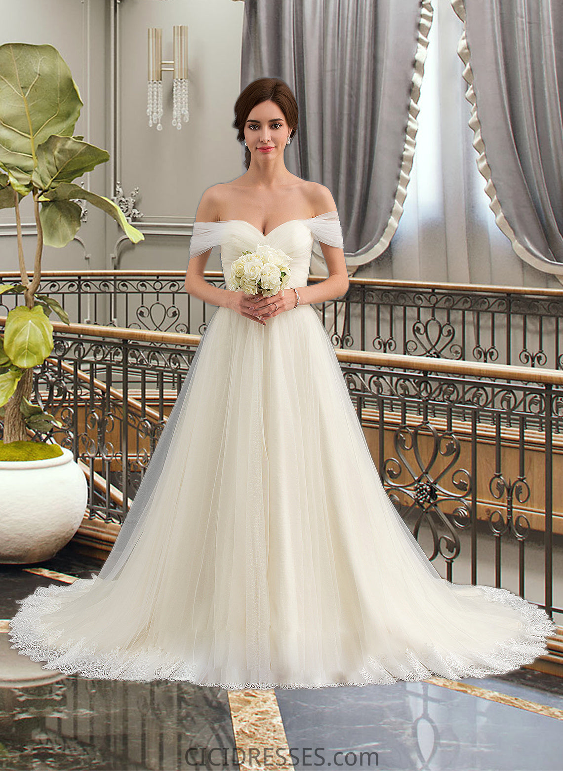 Kayden Ball-Gown/Princess Off-the-Shoulder Court Train Tulle Lace Wedding Dress With Ruffle CIC8P0013692