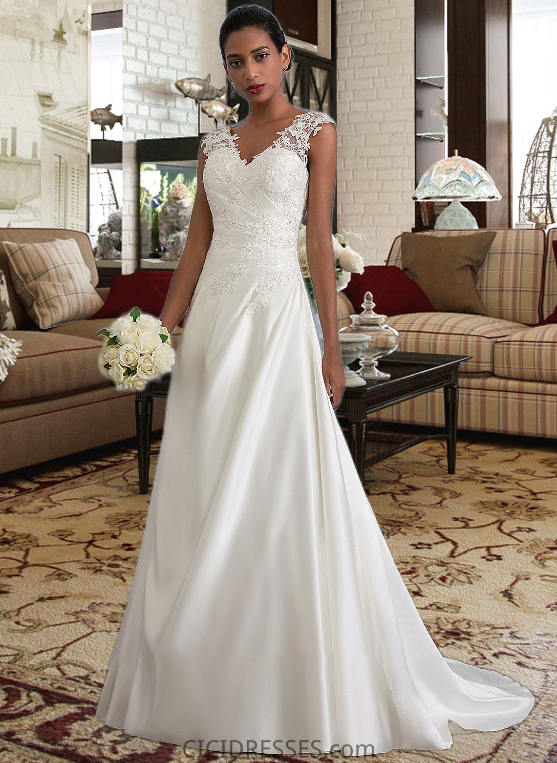 Princess Ball-Gown/Princess V-neck Sweep Train Satin Wedding Dress With Ruffle Beading Sequins CIC8P0013693