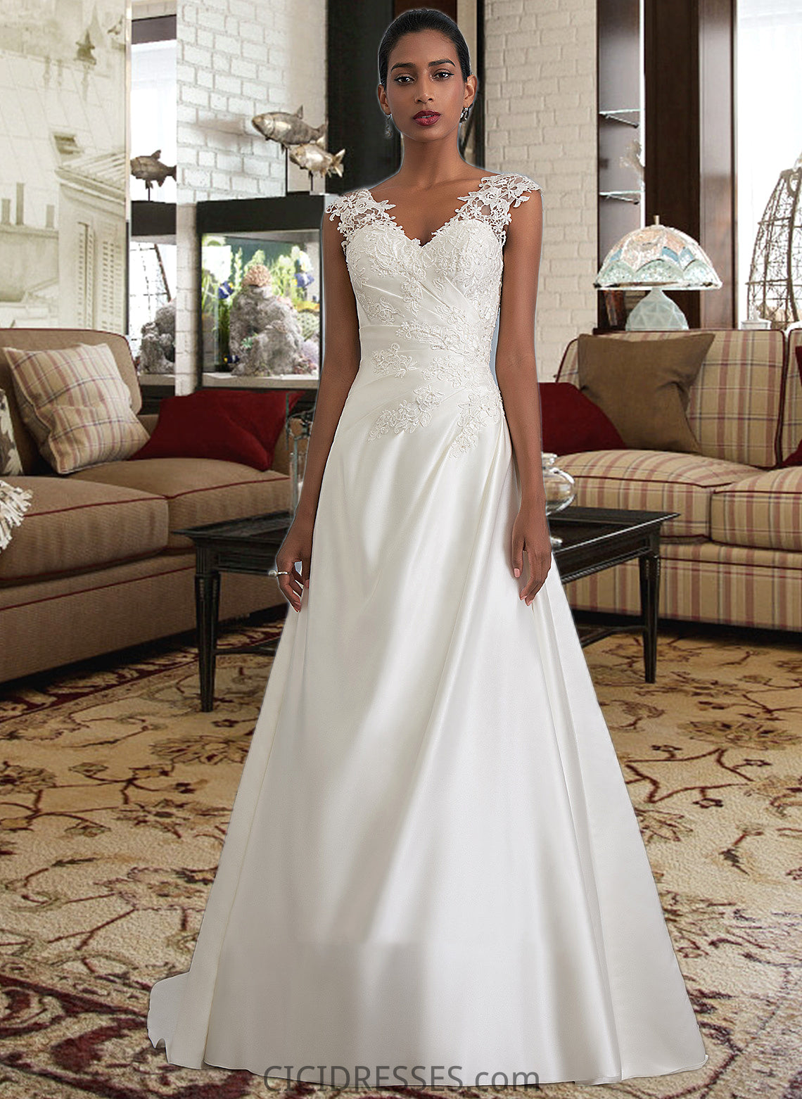 Princess Ball-Gown/Princess V-neck Sweep Train Satin Wedding Dress With Ruffle Beading Sequins CIC8P0013693