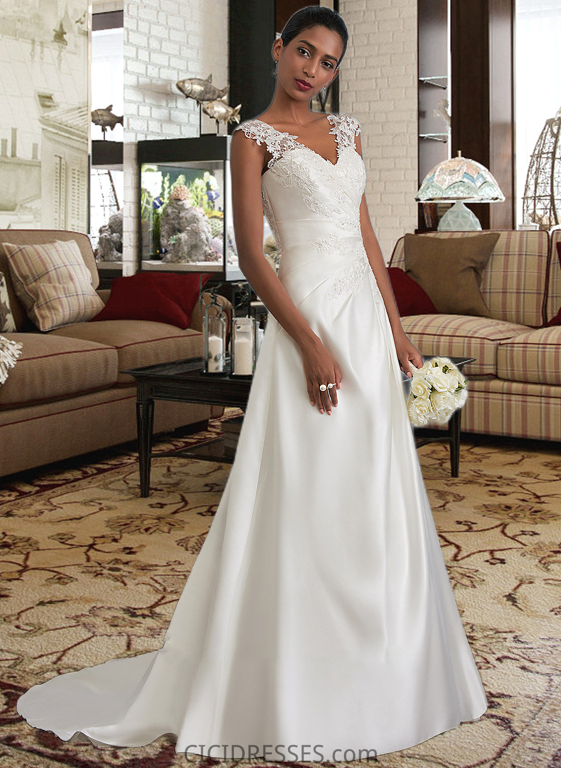 Princess Ball-Gown/Princess V-neck Sweep Train Satin Wedding Dress With Ruffle Beading Sequins CIC8P0013693