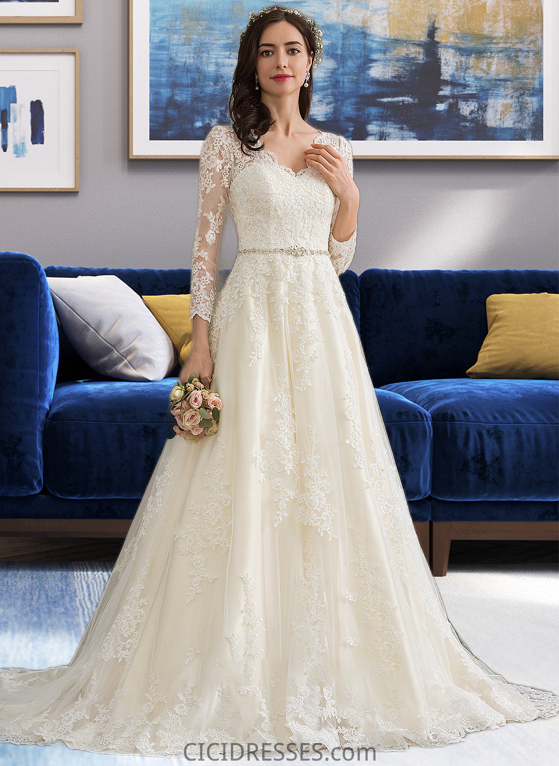 Kallie Ball-Gown/Princess V-neck Chapel Train Tulle Wedding Dress With Beading Sequins CIC8P0013695