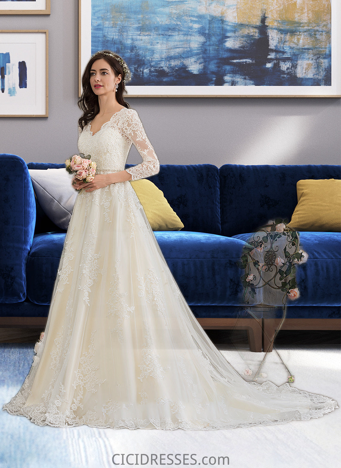 Kallie Ball-Gown/Princess V-neck Chapel Train Tulle Wedding Dress With Beading Sequins CIC8P0013695