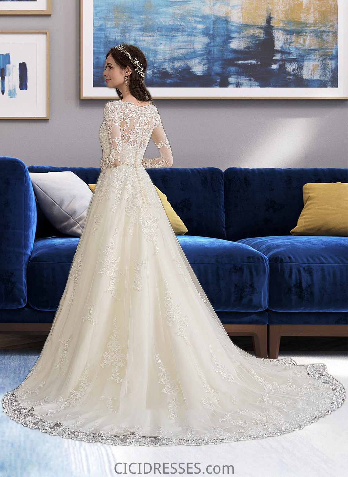 Kallie Ball-Gown/Princess V-neck Chapel Train Tulle Wedding Dress With Beading Sequins CIC8P0013695