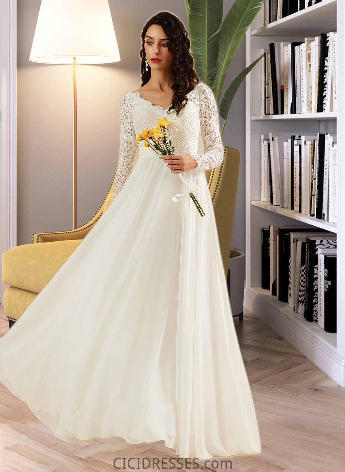 Tina A-Line V-neck Sweep Train Wedding Dress With Lace CIC8P0013696