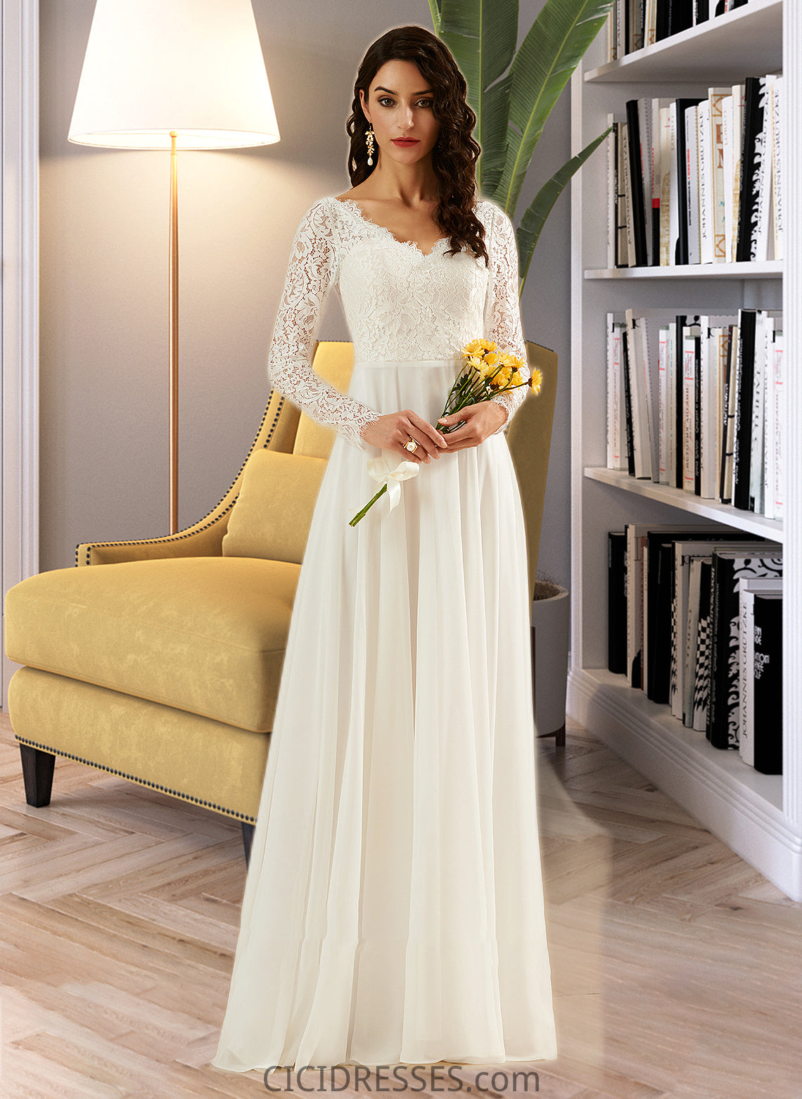 Tina A-Line V-neck Sweep Train Wedding Dress With Lace CIC8P0013696