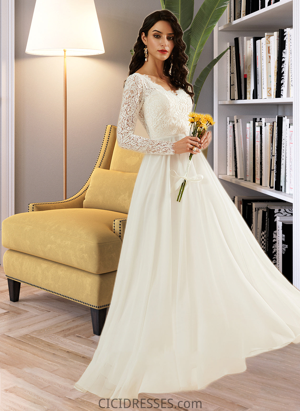 Tina A-Line V-neck Sweep Train Wedding Dress With Lace CIC8P0013696