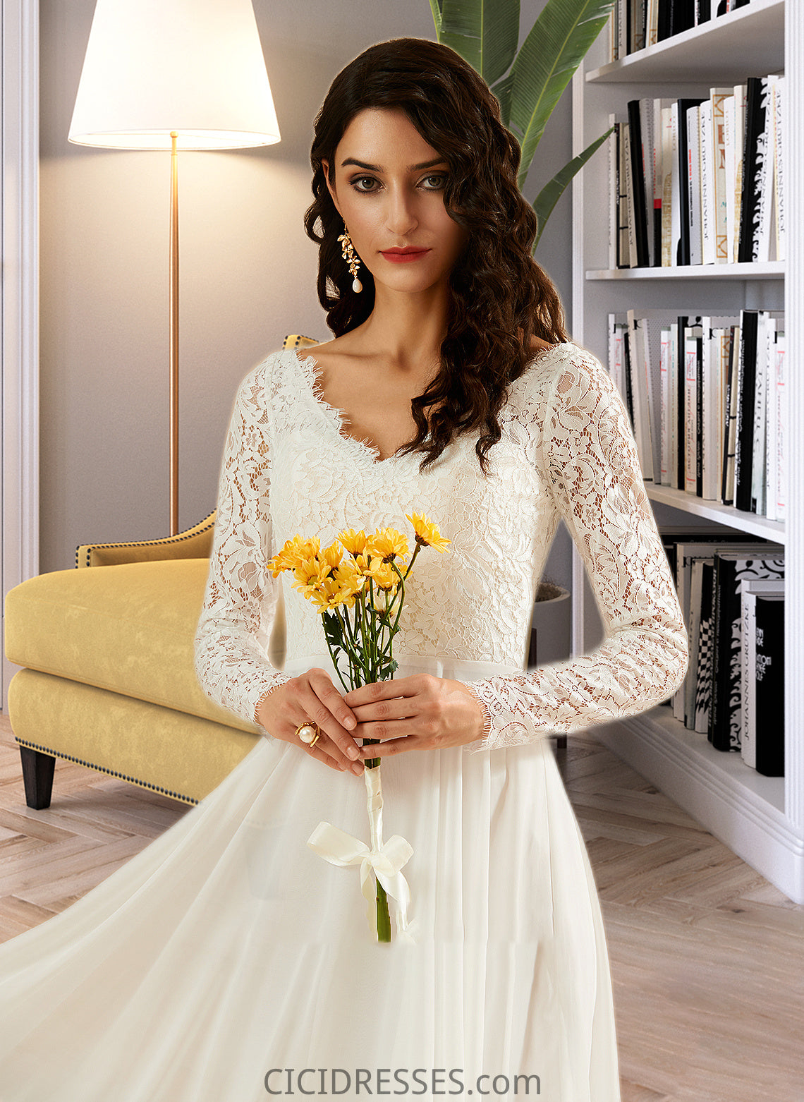 Tina A-Line V-neck Sweep Train Wedding Dress With Lace CIC8P0013696