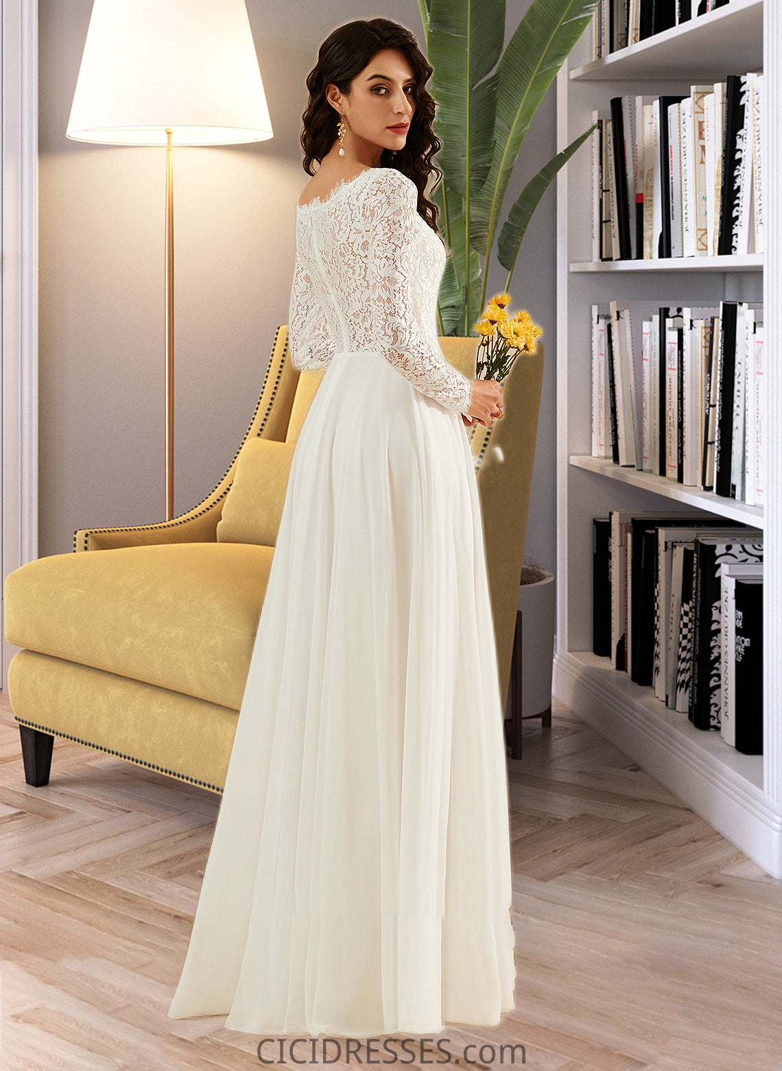 Tina A-Line V-neck Sweep Train Wedding Dress With Lace CIC8P0013696