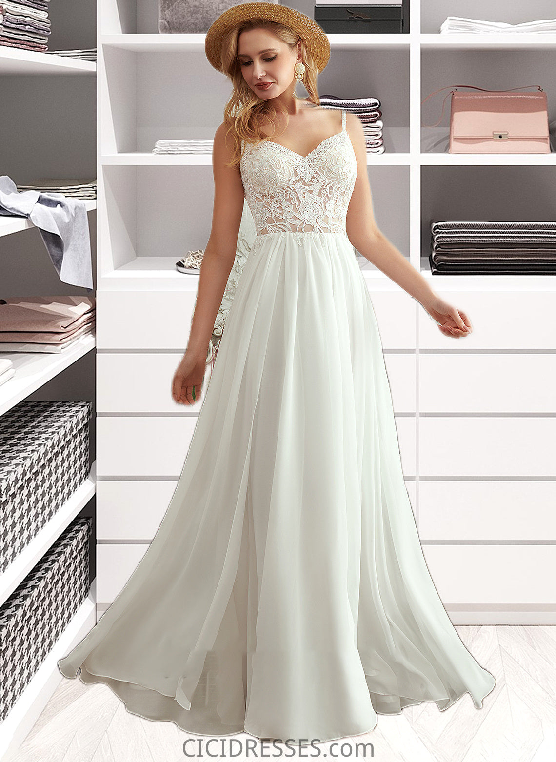 Jamya A-Line V-neck Floor-Length Wedding Dress With Beading Split Front CIC8P0013697