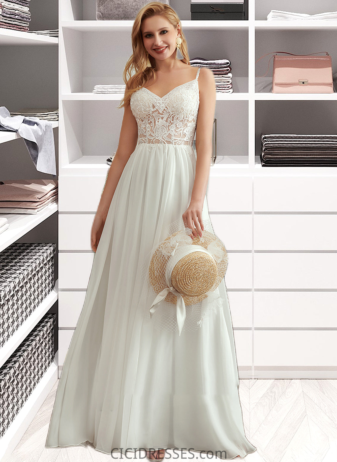 Jamya A-Line V-neck Floor-Length Wedding Dress With Beading Split Front CIC8P0013697