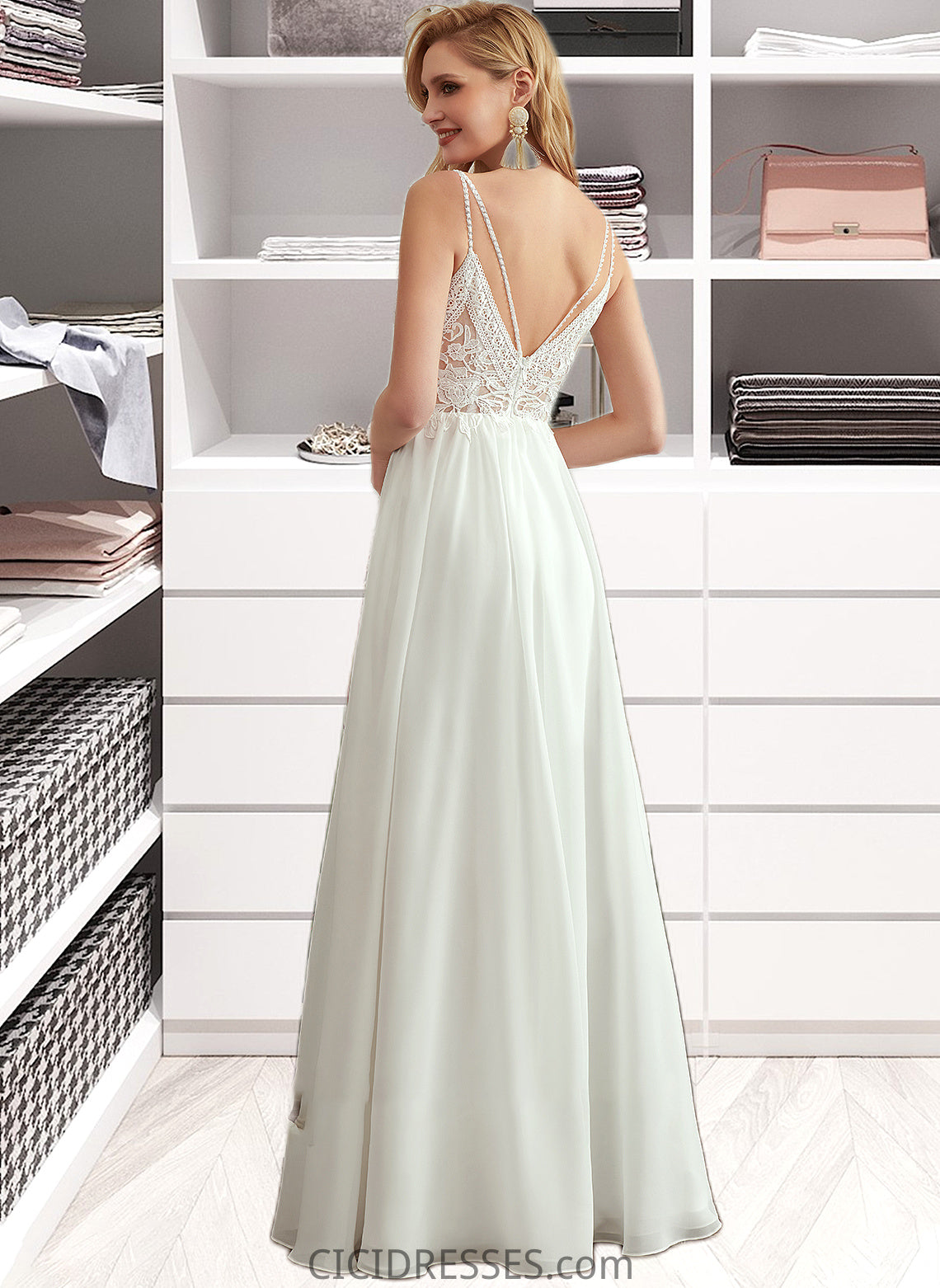 Jamya A-Line V-neck Floor-Length Wedding Dress With Beading Split Front CIC8P0013697