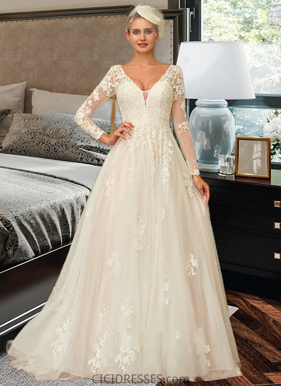 Denise Ball-Gown/Princess V-neck Sweep Train Tulle Lace Wedding Dress CIC8P0013698