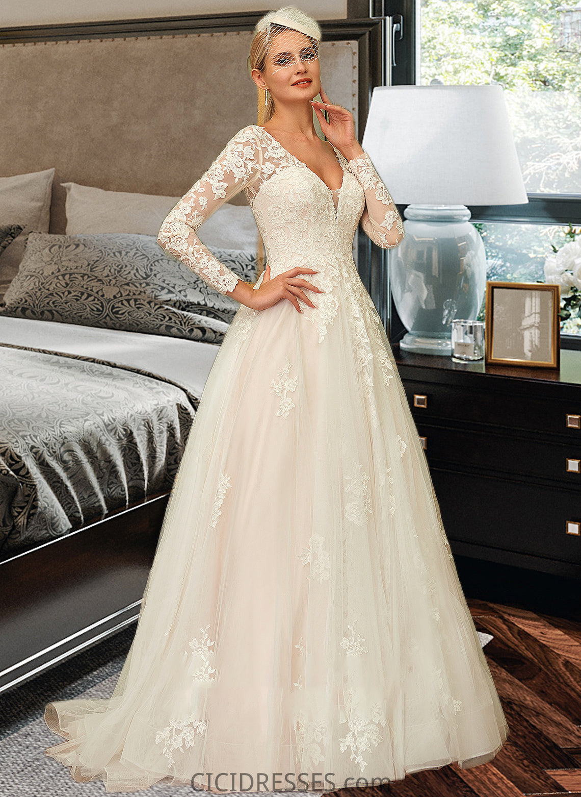 Denise Ball-Gown/Princess V-neck Sweep Train Tulle Lace Wedding Dress CIC8P0013698