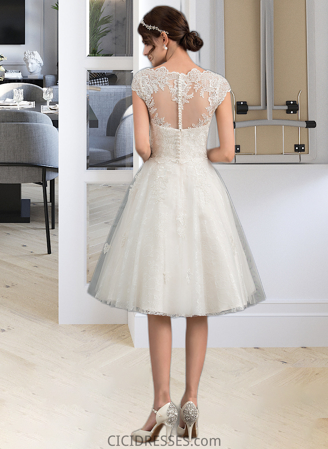 Siena A-Line V-neck Knee-Length Tulle Lace Wedding Dress CIC8P0013700