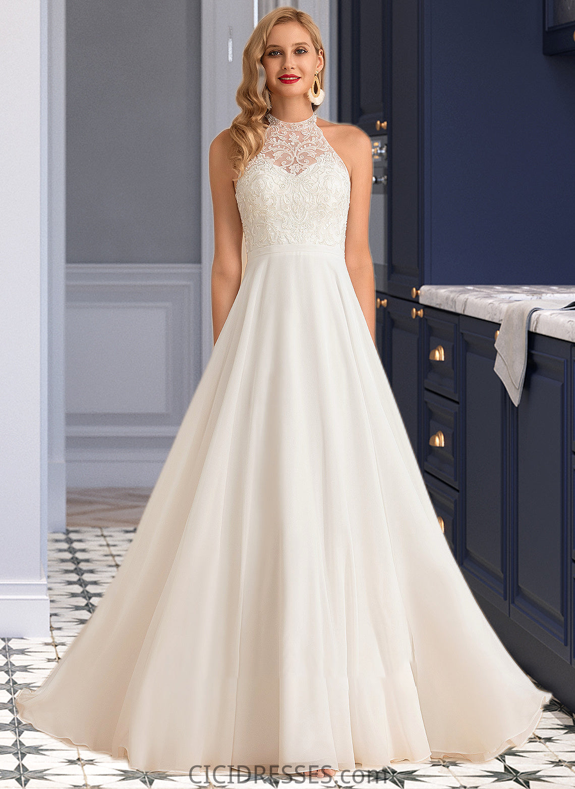 Sierra A-Line High Neck Floor-Length Chiffon Wedding Dress CIC8P0013702