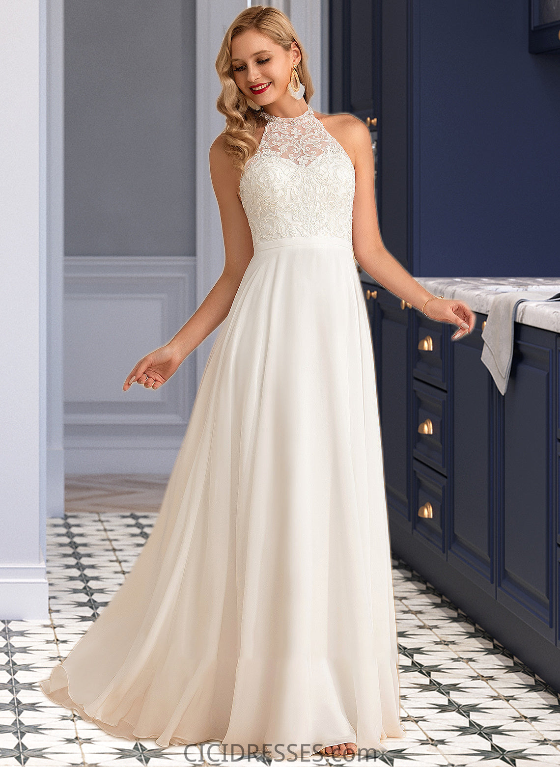 Sierra A-Line High Neck Floor-Length Chiffon Wedding Dress CIC8P0013702