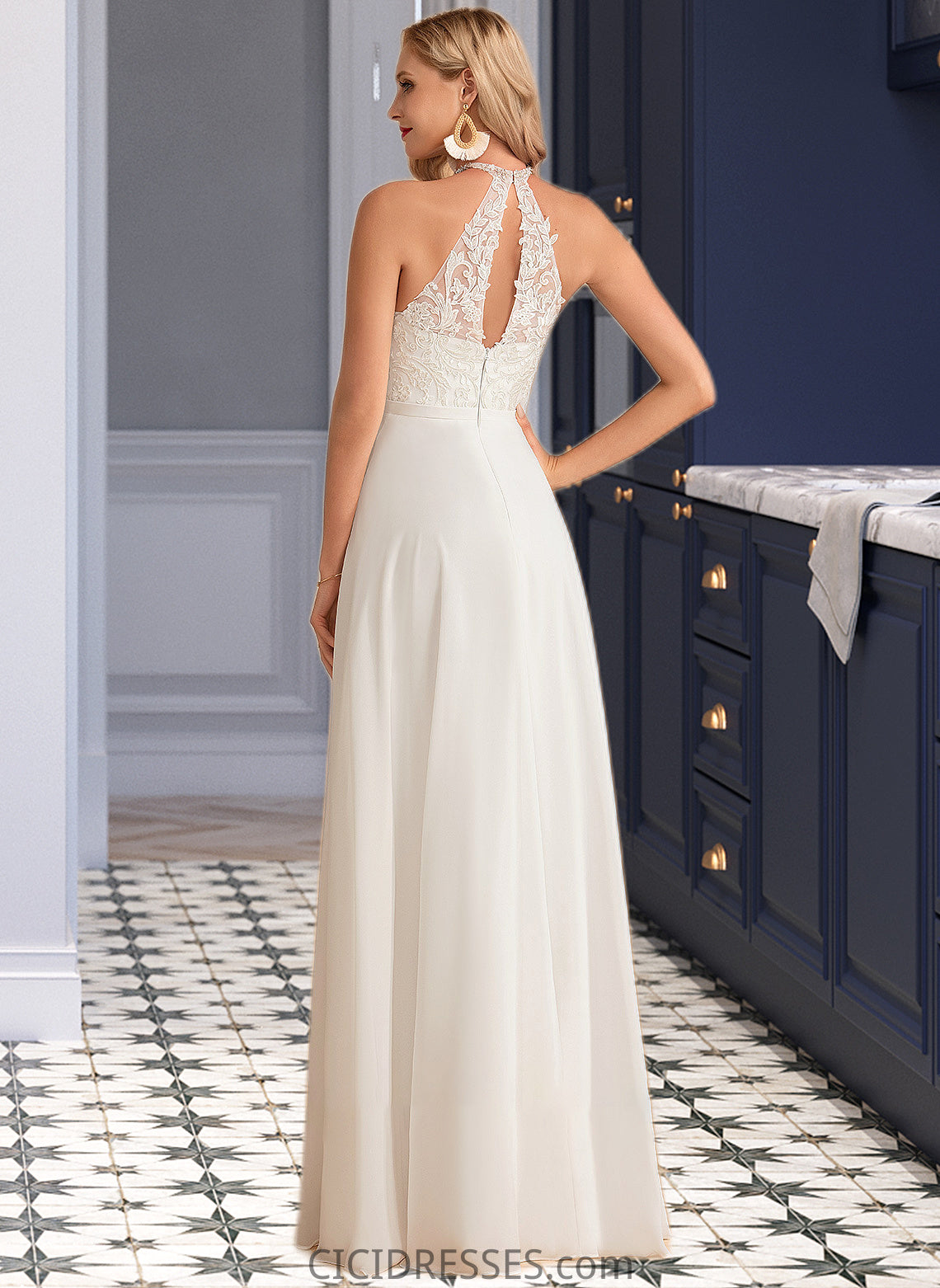 Sierra A-Line High Neck Floor-Length Chiffon Wedding Dress CIC8P0013702