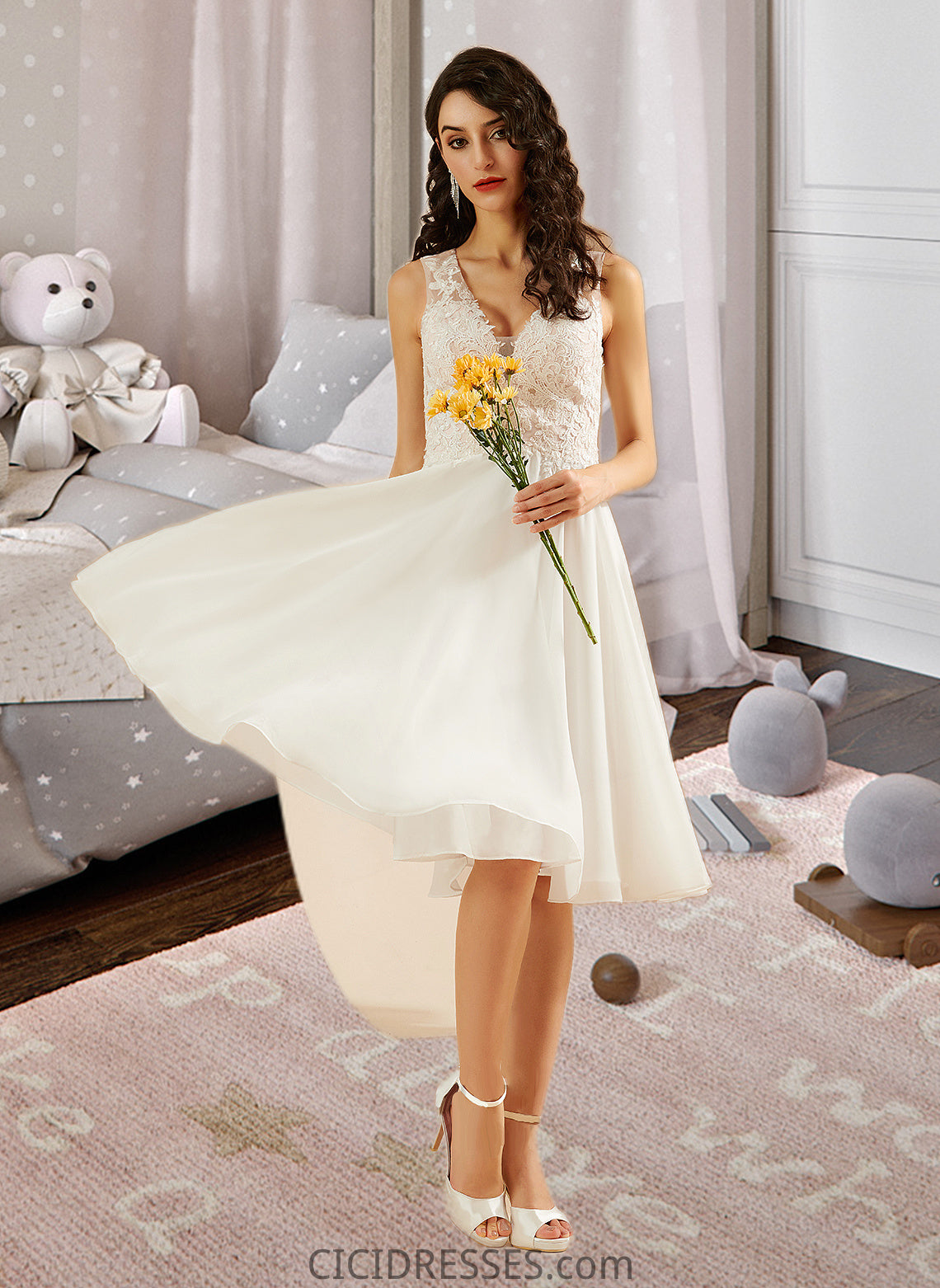 Amira A-Line V-neck Knee-Length Wedding Dress With Lace Sequins CIC8P0013703