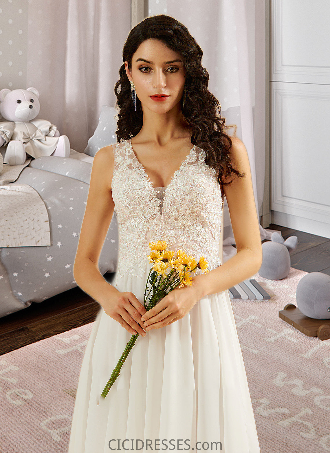 Amira A-Line V-neck Knee-Length Wedding Dress With Lace Sequins CIC8P0013703