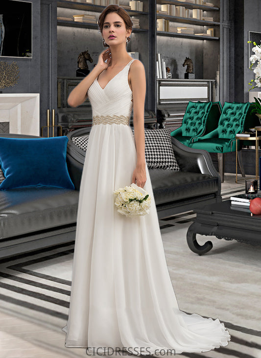 Alannah A-Line V-neck Sweep Train Chiffon Wedding Dress With Ruffle Lace Beading Sequins CIC8P0013705