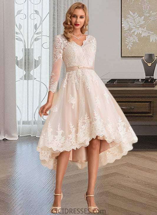 Shirley A-Line V-neck Asymmetrical Satin Tulle Lace Wedding Dress CIC8P0013706