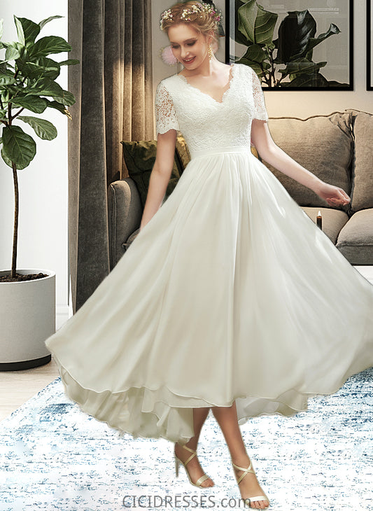 Leah A-Line V-neck Asymmetrical Wedding Dress With Lace CIC8P0013712