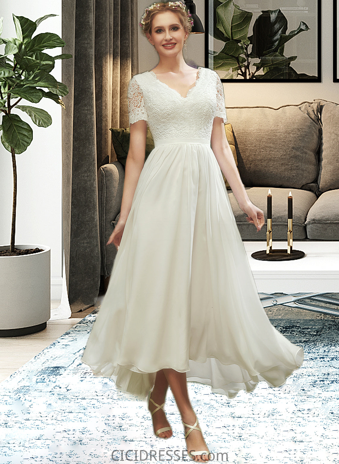 Leah A-Line V-neck Asymmetrical Wedding Dress With Lace CIC8P0013712