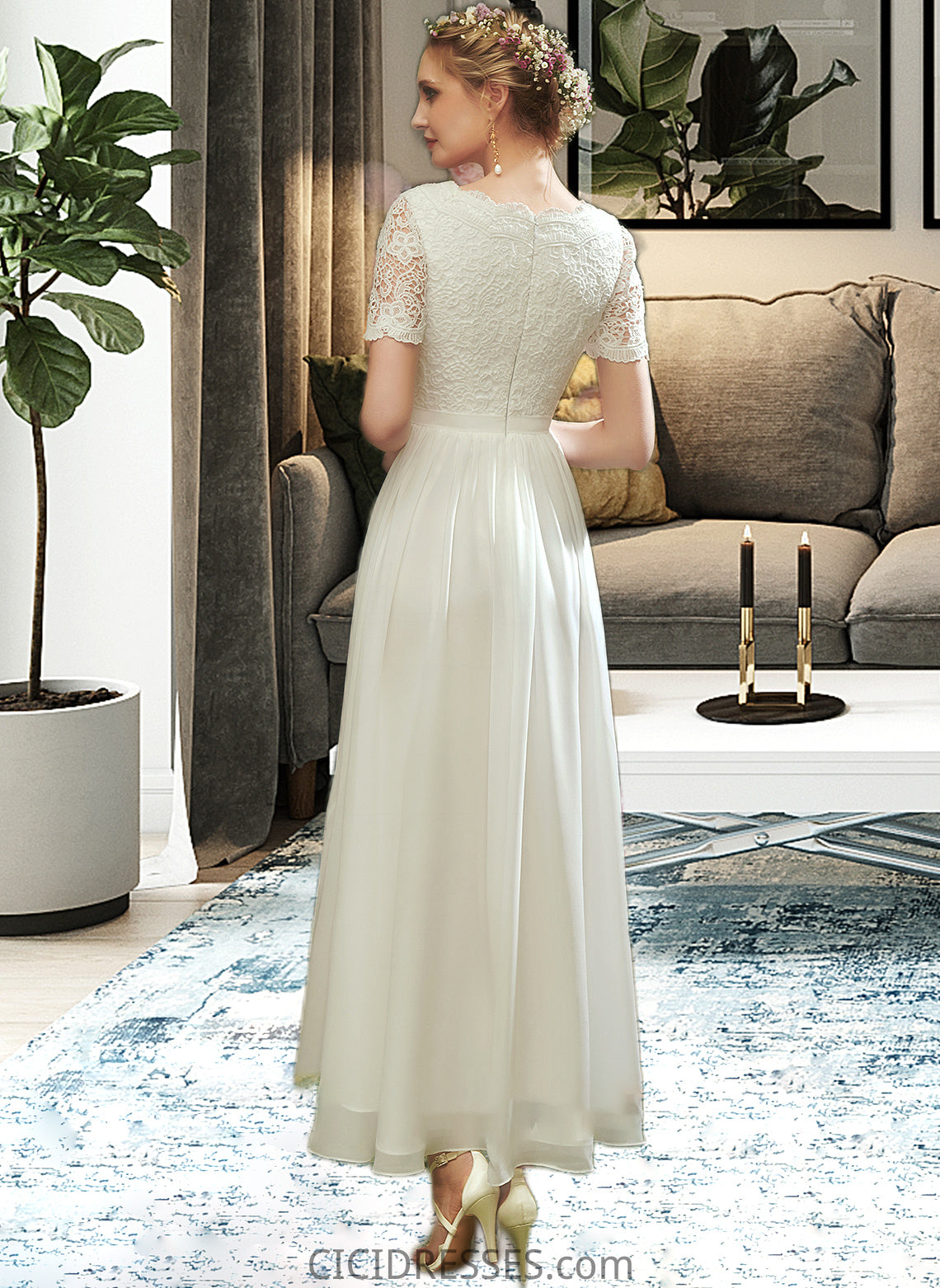 Leah A-Line V-neck Asymmetrical Wedding Dress With Lace CIC8P0013712