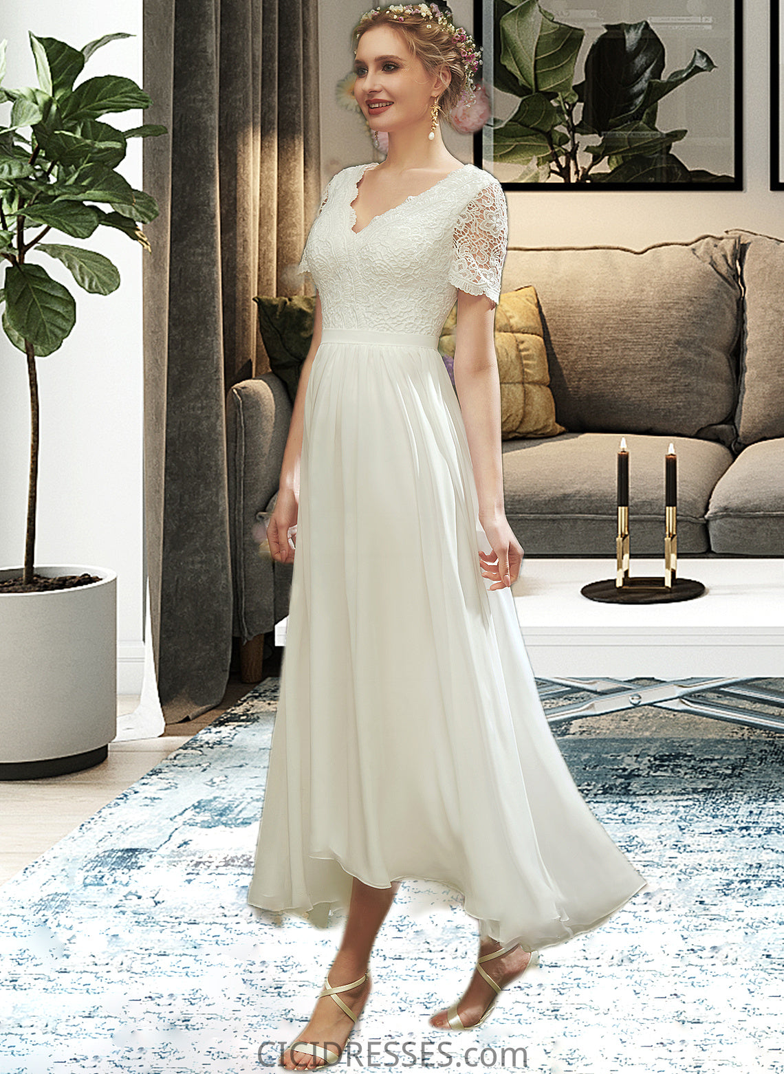 Leah A-Line V-neck Asymmetrical Wedding Dress With Lace CIC8P0013712