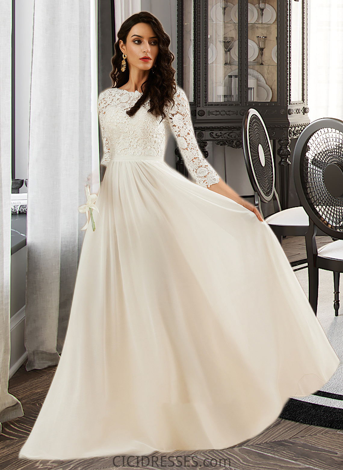 Paris A-Line Sweep Train Wedding Dress With Lace CIC8P0013715