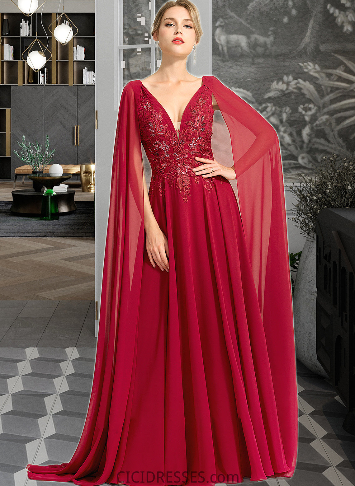 Mireya A-Line V-neck Floor-Length Chiffon Wedding Dress With Sequins CIC8P0013718