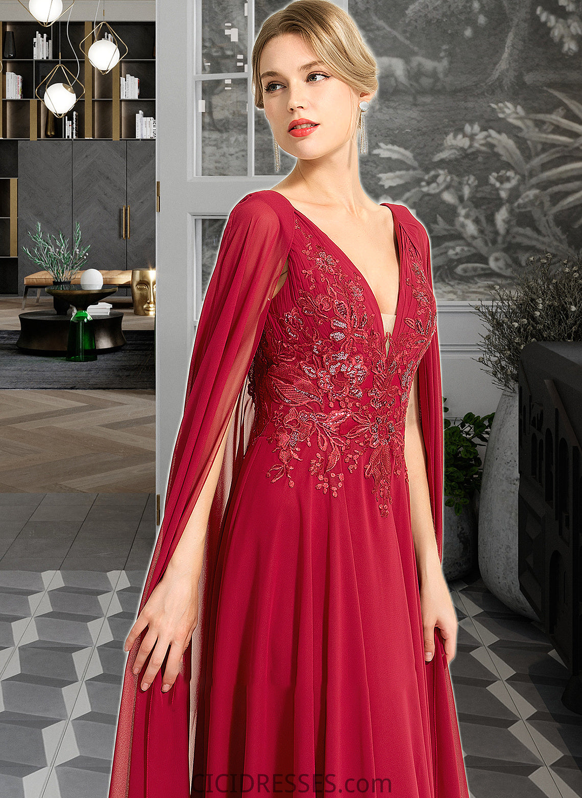 Mireya A-Line V-neck Floor-Length Chiffon Wedding Dress With Sequins CIC8P0013718