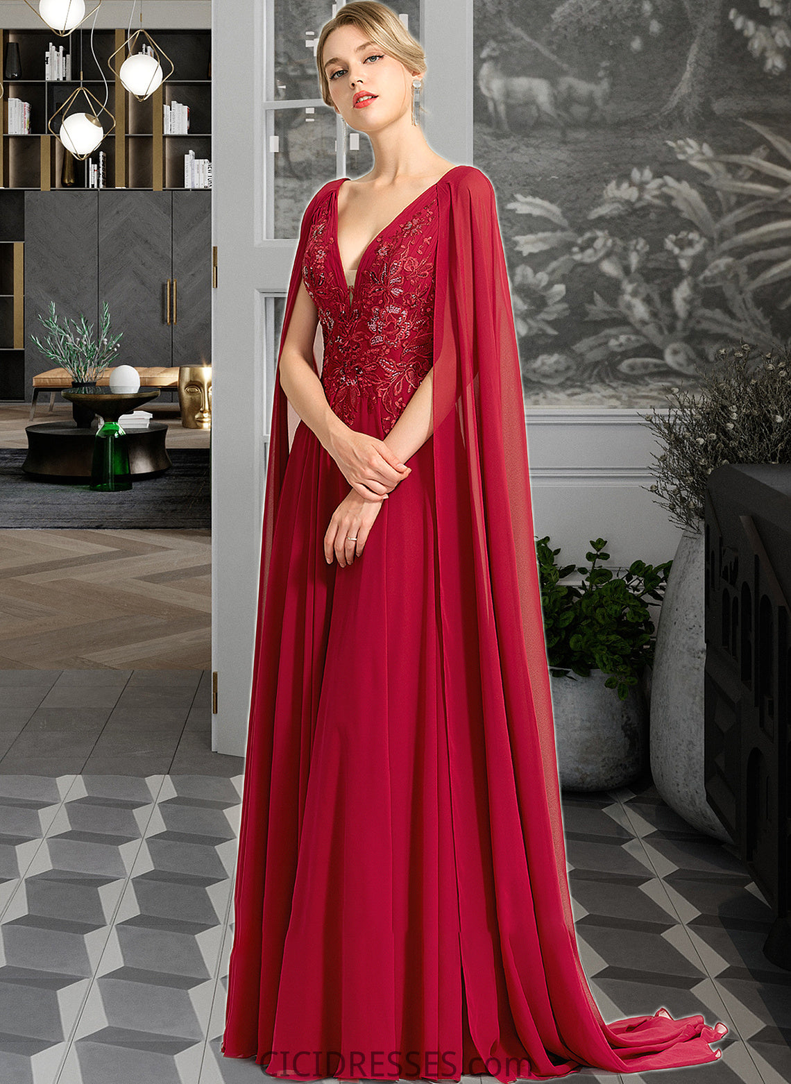 Mireya A-Line V-neck Floor-Length Chiffon Wedding Dress With Sequins CIC8P0013718