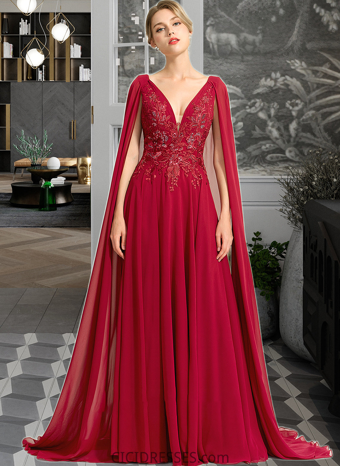 Mireya A-Line V-neck Floor-Length Chiffon Wedding Dress With Sequins CIC8P0013718