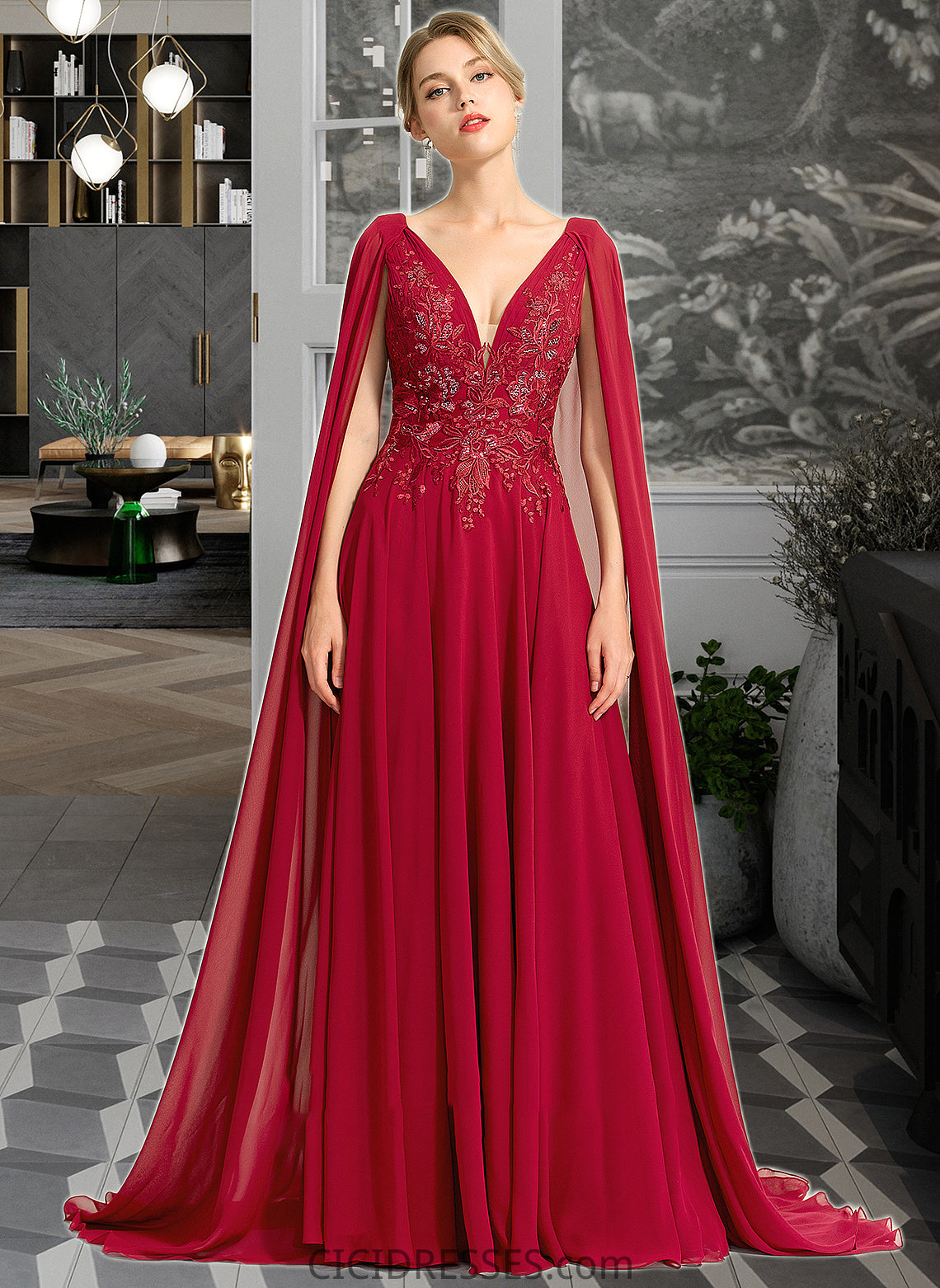 Mireya A-Line V-neck Floor-Length Chiffon Wedding Dress With Sequins CIC8P0013718