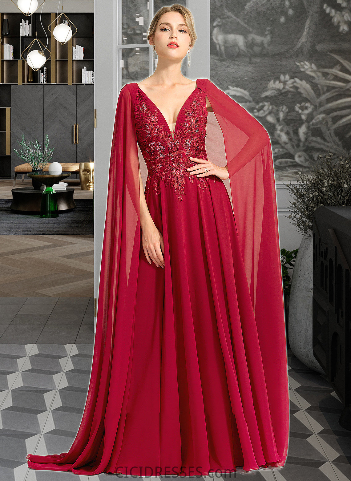 Mireya A-Line V-neck Floor-Length Chiffon Wedding Dress With Sequins CIC8P0013718