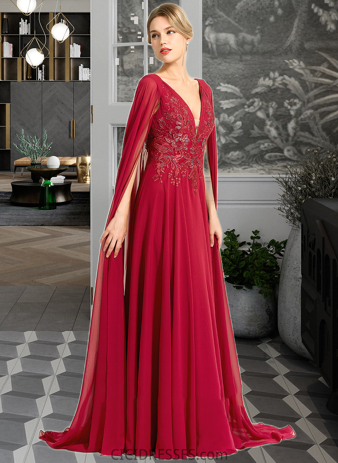 Mireya A-Line V-neck Floor-Length Chiffon Wedding Dress With Sequins CIC8P0013718