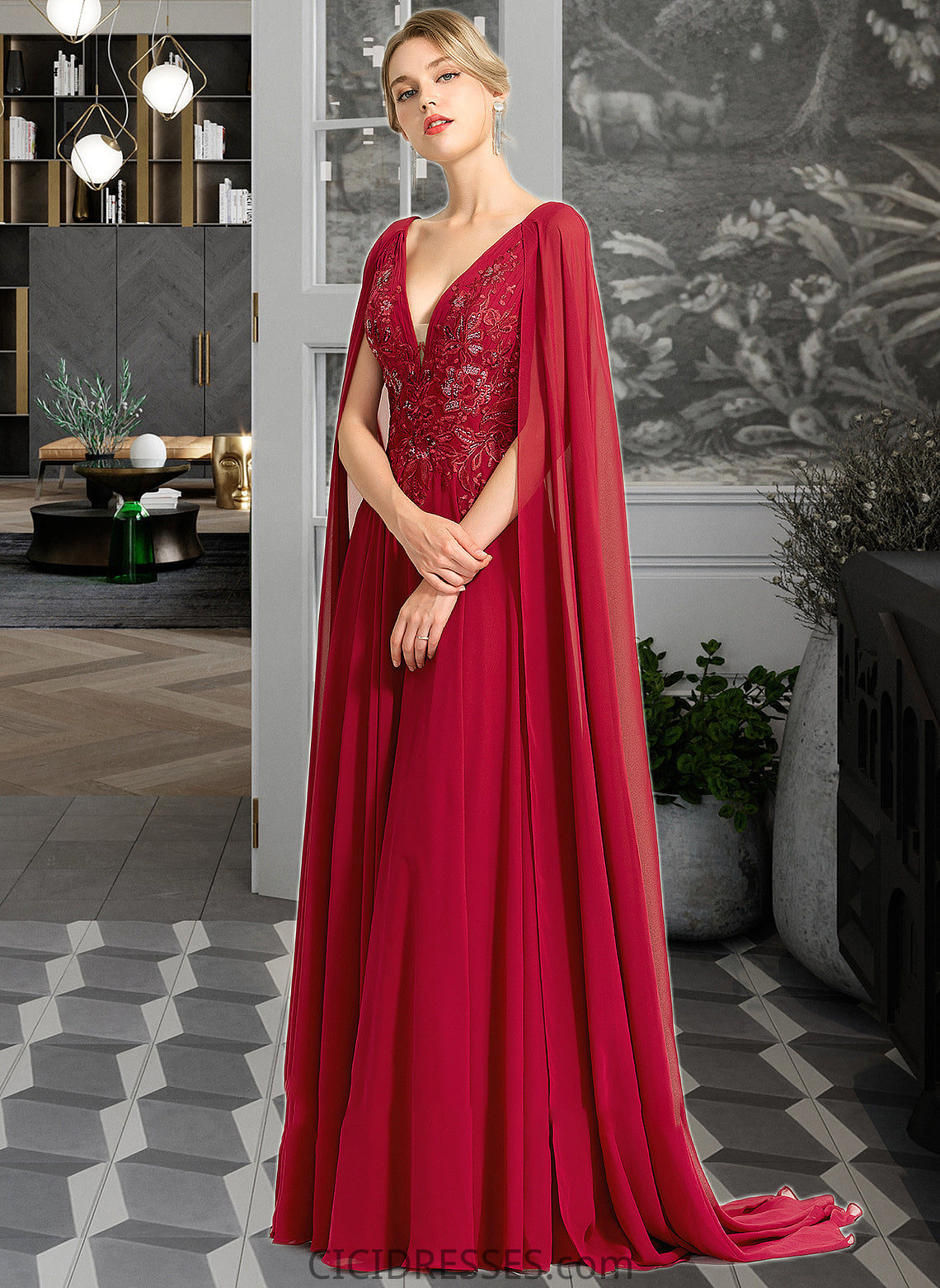 Mireya A-Line V-neck Floor-Length Chiffon Wedding Dress With Sequins CIC8P0013718